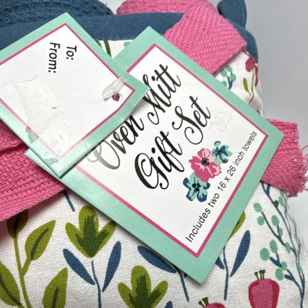 Floral Cotton Oven Mitt & 2 Tea Towels Set, Hanging Loop, Country Style